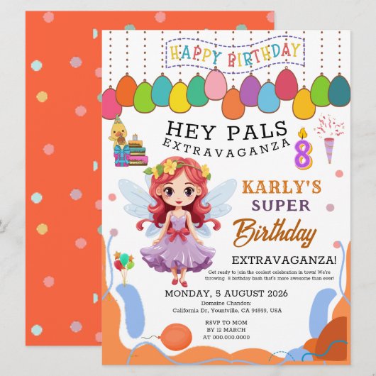 Karly's Fairy Prinses 8e Verjaardag Uitnodiging (Voorkant / Achterkant)