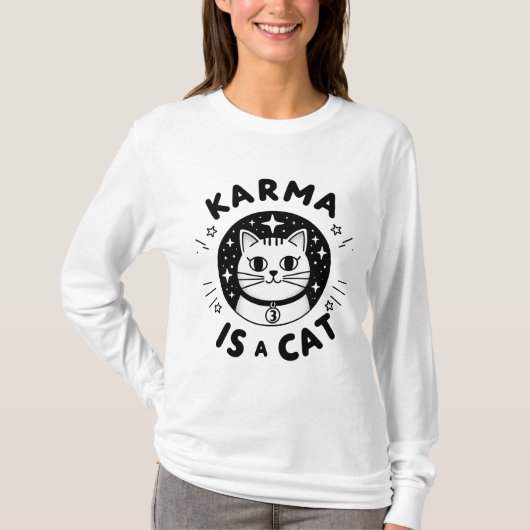 Karma is een kat tekening vrouwen lange mouw T-shi T-shirt (Voorkant)