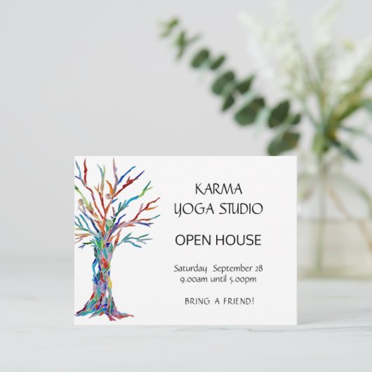 Karma Yoga Open House Uitnodiging Briefkaart (Staand voorkant)