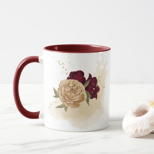 Karmozijn groen beige goud botanisch mok (Met donut)