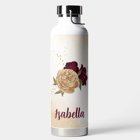 Karmozijn groen beige goud botanisch waterfles (Links)