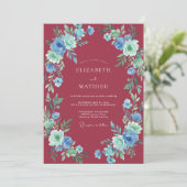 Karmozijnblauwe Ranunculus Eucalyptus Bruiloft Kaart (Staand voorkant)