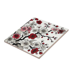 Karmozijnrode Bloesem Elegantie - Japan-Inspireerd Tegeltje