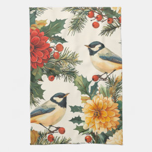 Karmozijnrode Dahlia Mees Kerst Crème Patroon Theedoek