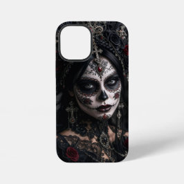 Karmozijnrode Gotische Calavera – Zwarte Roos iPhone 12 Mini Hoesje