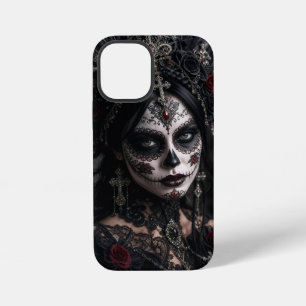 Karmozijnrode Gotische Calavera – Zwarte Roos iPhone 12 Mini Hoesje