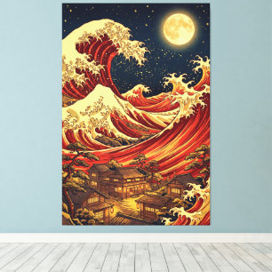 Karmozijnrode Maan boven de Japanse Kust – Ukiyo-e Canvas Afdruk