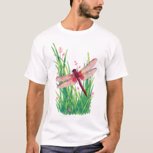 Karmozijnrode moerasglanslibel groene gras t-shirt