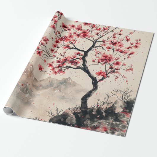 Karmozijnrode Sakura Berg Sereniteit (1) Cadeaupapier (Uitgerold)