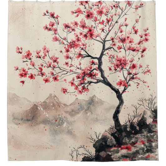 Karmozijnrode Sakura Berg Sereniteit (1) Douchegordijn (Voorkant)