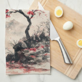 Karmozijnrode Sakura Berg Sereniteit (1) Theedoek (Quarter Fold)