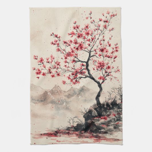 Karmozijnrode Sakura Berg Sereniteit (1) Theedoek (Verticaal)