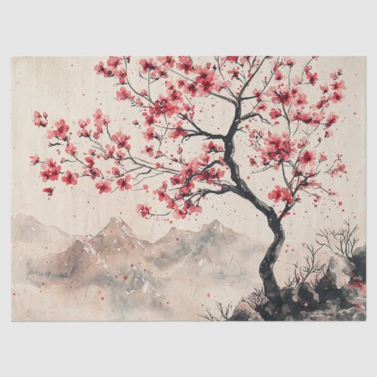 Karmozijnrode Sakura Berg Sereniteit (1) Tissuepapier (Voorkant)