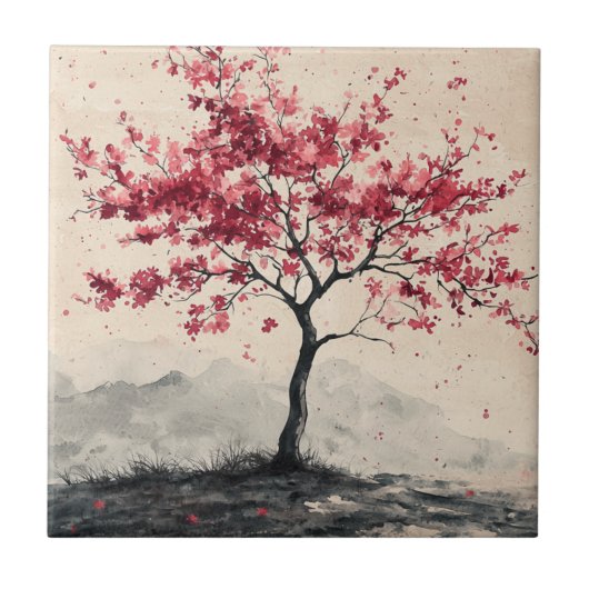 Karmozijnrode Sakura Berg Sereniteit (2) Tegeltje (Voorkant)