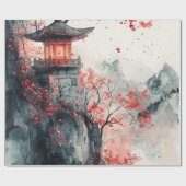 Karmozijnrode Sakura Pagode Aquarel Cadeaupapier (Vlak)
