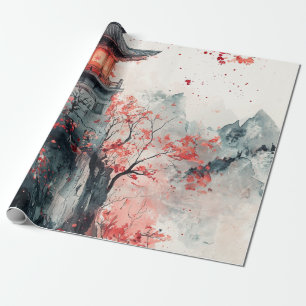 Karmozijnrode Sakura Pagode Aquarel Cadeaupapier