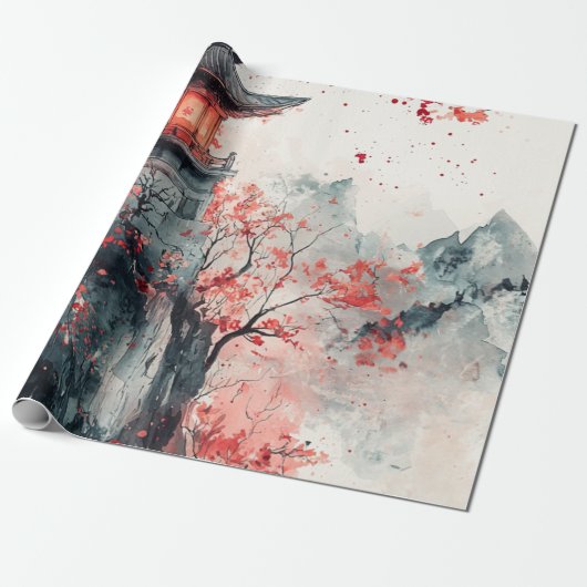 Karmozijnrode Sakura Pagode Aquarel Cadeaupapier (Uitgerold)
