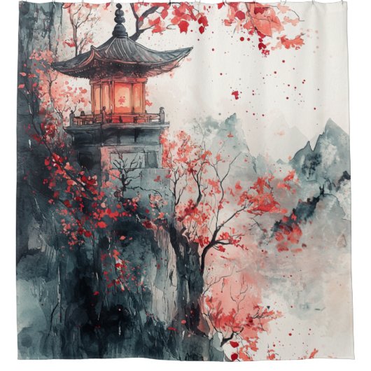 Karmozijnrode Sakura Pagode Aquarel Douchegordijn (Voorkant)