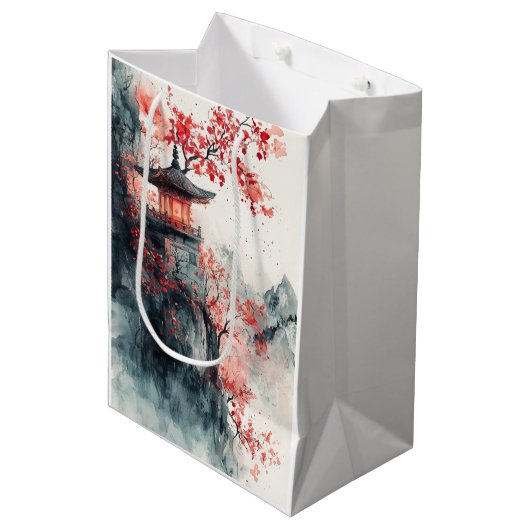 Karmozijnrode Sakura Pagode Aquarel Medium Cadeauzakje (Voorkant Gekanteld)