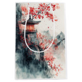 Karmozijnrode Sakura Pagode Aquarel Medium Cadeauzakje (Voorkant)