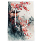 Karmozijnrode Sakura Pagode Aquarel Medium Cadeauzakje (Achterkant)