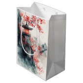 Karmozijnrode Sakura Pagode Aquarel Medium Cadeauzakje (Achterkant Gekanteld)