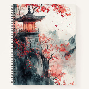Karmozijnrode Sakura Pagode Aquarel Notitieboek