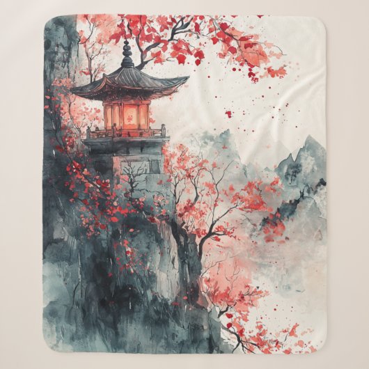 Karmozijnrode Sakura Pagode Aquarel Sherpa Deken (Voorkant)