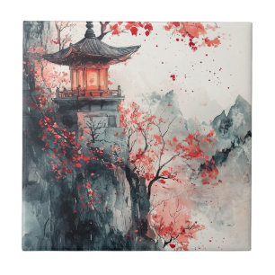 Karmozijnrode Sakura Pagode Aquarel Tegeltje