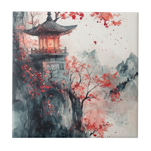 Karmozijnrode Sakura Pagode Aquarel Tegeltje (Voorkant)