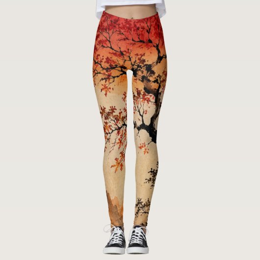Karmozijnrode zon boven Boom des Levens Leggings (Voorkant)