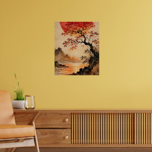 Karmozijnrode zon boven Boom des Levens Poster