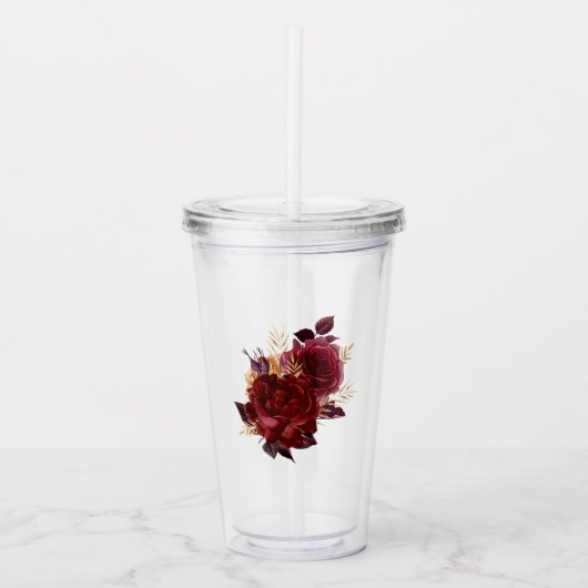 Karmozijnrood en goud vintage bloemmotief acryl drinkbeker (Voorkant)