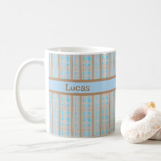 Karomuster blau braun grau koffiemok (Met donut)