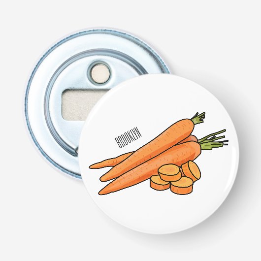 Karrot cartoon illustratie button flesopener (Voorkant)