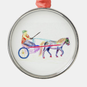 Kart paard in gekleurd krayonpastel, pony sulky metalen ornament
