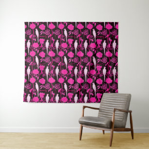 KARTDECO BLACK PINK FUCHSIA FLOWERS, WITTE DELEN WANDKLEED