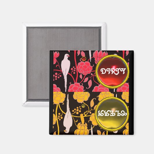 KARTDECO-PARROTS, RODE GELLOWERS DIRTY CLEAN MAGNEET (Voorkant / Achterkant)