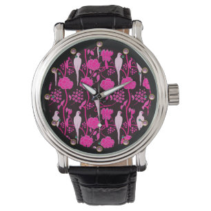 KARTDECO PINK FLOWERS, WITTE PARROTS OP ZWARTE HORLOGE