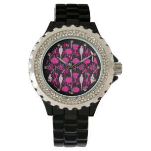 KARTDECO PINK FLOWERS, WITTE PARROTS OP ZWARTE HORLOGE