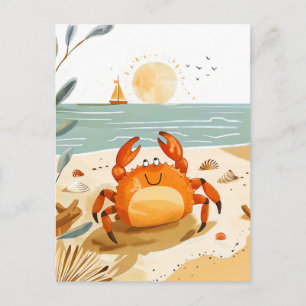 Karton Krab op Strand met Boot op achtergrond Briefkaart
