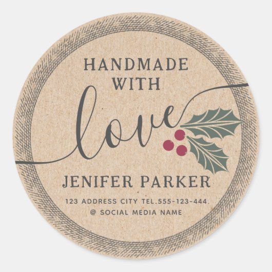 Karton script handgemaakt met heilige bes ronde sticker (Voorkant)