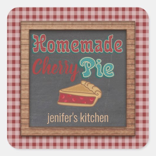  karton typografie homemade cherry pie vierkante sticker (Voorkant)