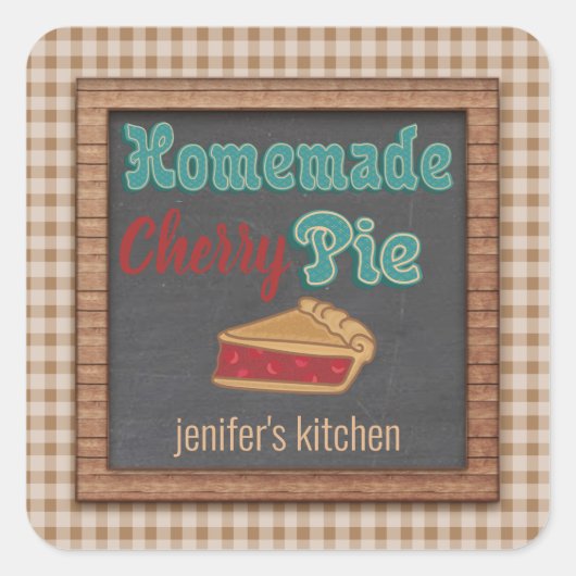  karton typografie homemade cherry pie vierkante sticker (Voorkant)