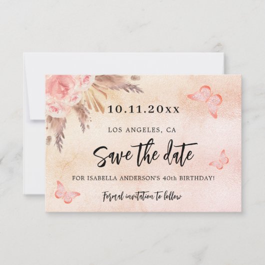 Kartonnen floralen vlinder save the date (Voorkant)