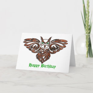 Karved Wood Horned Owl Birthday Kaart