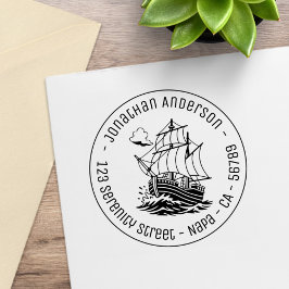 Karveel Houten Zeilschip Ronde Vorm Adresseerkaart Rubberstempel
