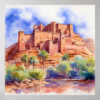 Kasbah in waterverf clipart ontwerp, Digitale prin Poster