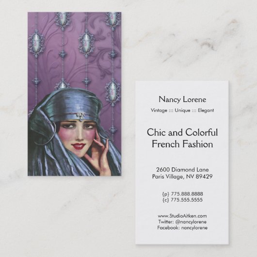 KASHMIR KARMA, EXOTISCHE LADY IN BLAUW EN MAUVE VISITEKAARTJE (Voorkant / Achterkant)