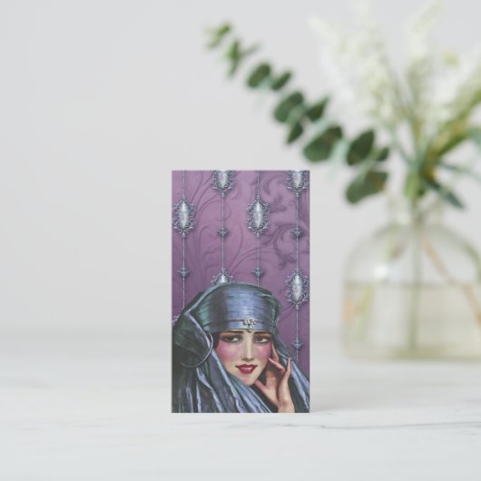 KASHMIR KARMA, EXOTISCHE LADY IN BLAUW EN MAUVE VISITEKAARTJE (Staand voorkant)